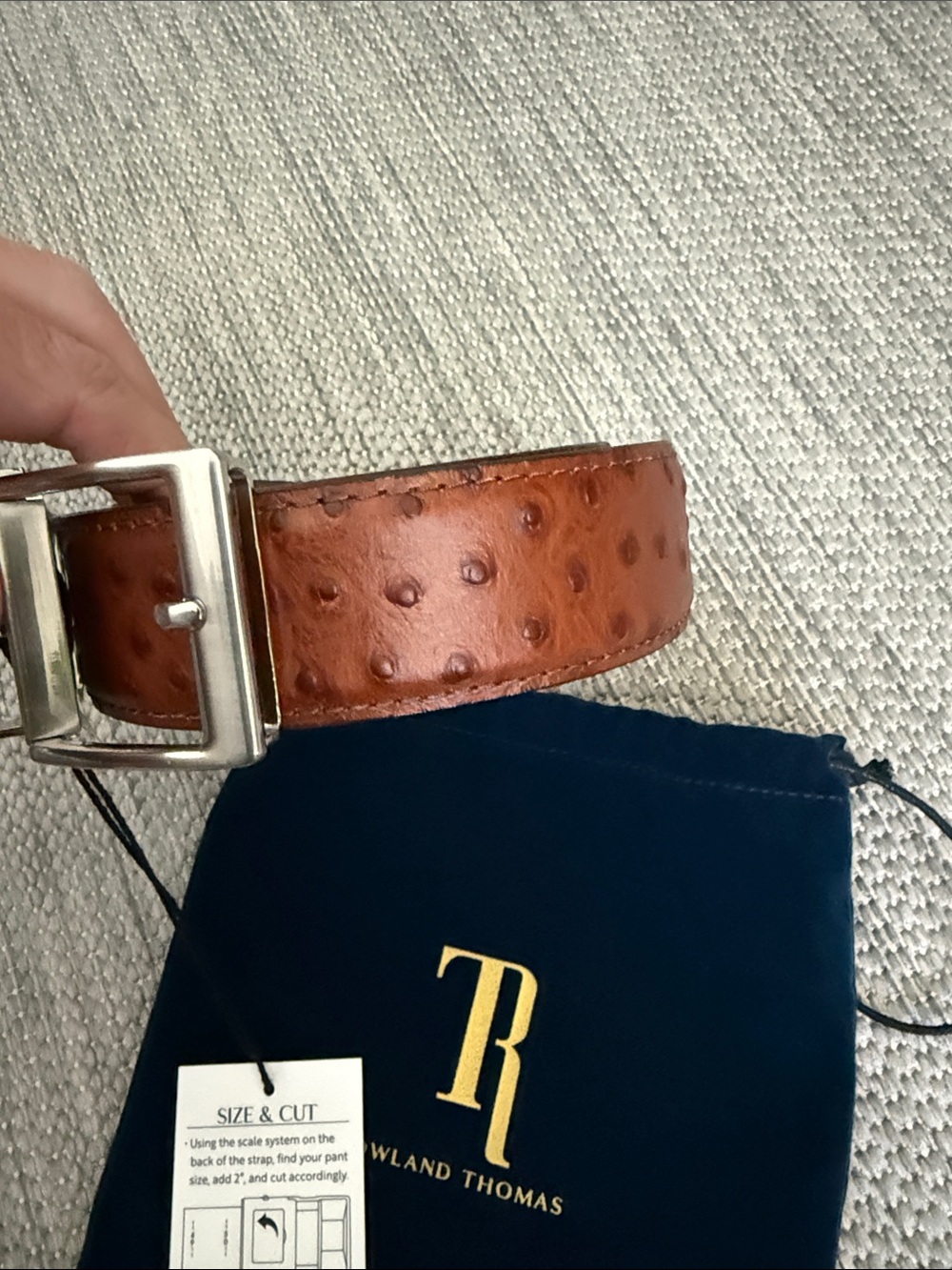 Men's Rowland Thomas Brown Ostrich-Leather Belt with Silver Buckle - Picture 4 of 4